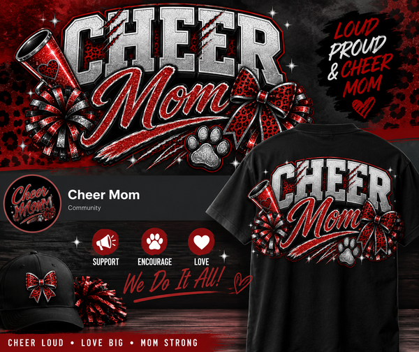 Cheer Mom | Red & Black Glitter Spirit Shirt | Game Day Graphic Tee